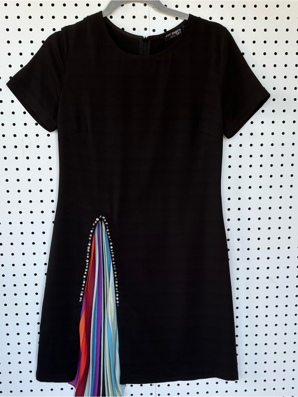 Vintage Fan Shang black dress features a unique rainbow pleated fan panel Large